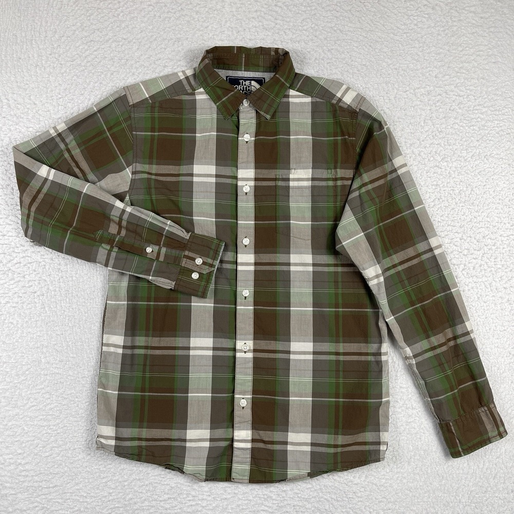 The North Face Shirt Mens Medium Brown Green Madras Plaid Outdoors‎ Hiking Work